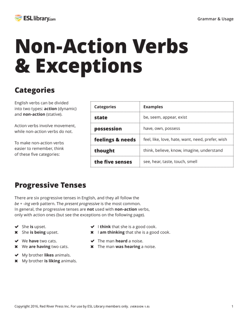 Non-Action Verbs & Exceptions – ESL Library Blog math worksheets, education, printable worksheets, grade worksheets, alphabet worksheets, and worksheets Non Action Verbs Worksheets 1024 x 791