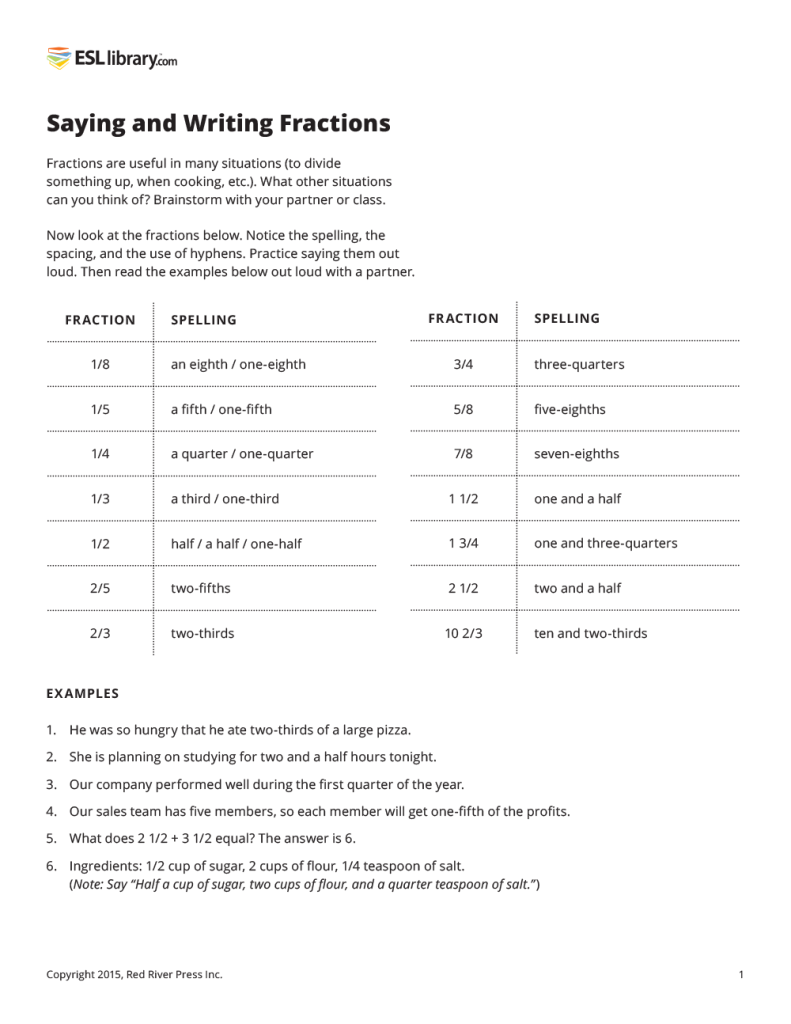 Saying & Writing Fractions in English – Blog – ESL Library